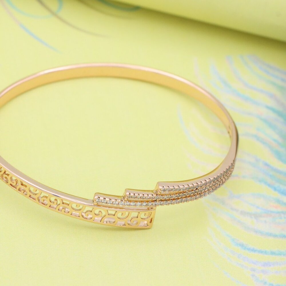 Rose Gold Bangle with Cutout Scroll Design and Triple Row Stones, XPBL0526 - Picture 3 of 12